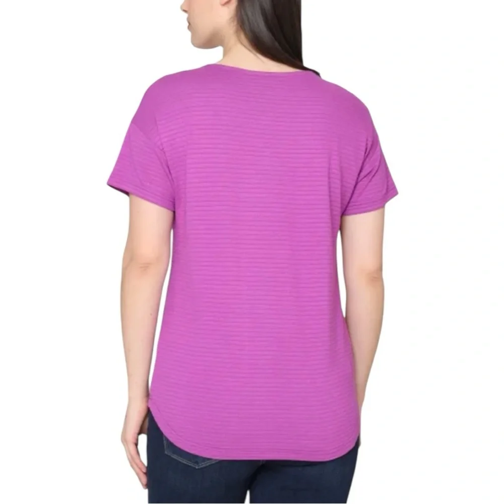 Talbots 3 Button V Neck Top in Purple Womens Large Short Sleeve Textured - Picture 3 of 11